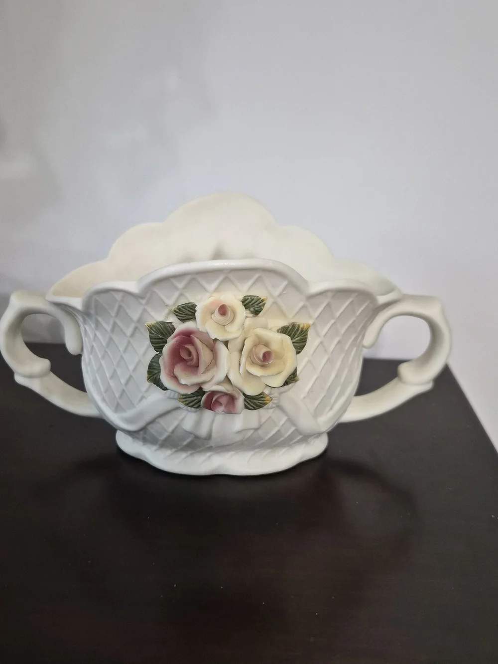 White Ceramic Decorative Planter with Pink & Cream Porcelain Roses
